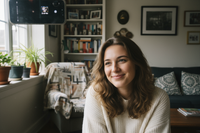 selfie młodej kobiety wykonane iphonem przy domowej scenerii